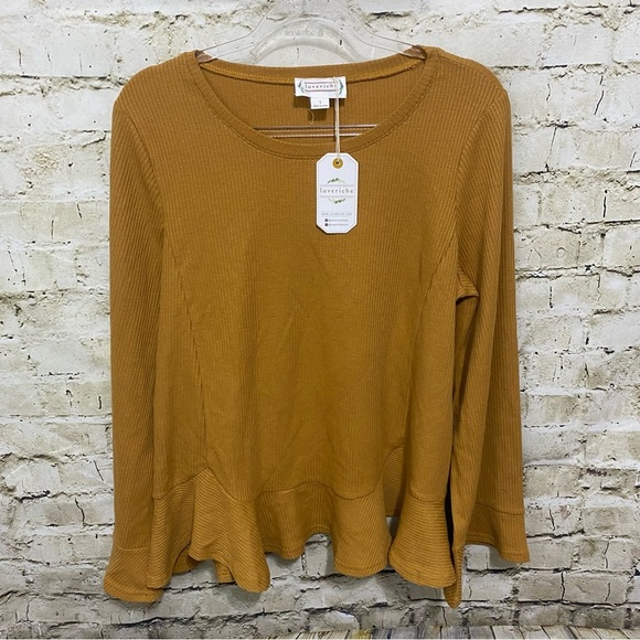 NWT Loveriche Mustard Yellow Thermal Ruffle Flutter Sleeve Top - Picture 1 of 6